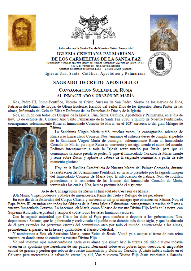Sagrado Decreto Apostólico Consagración Solemne de Rusia al Inmaculado Corazón de María<br><br>Ver más