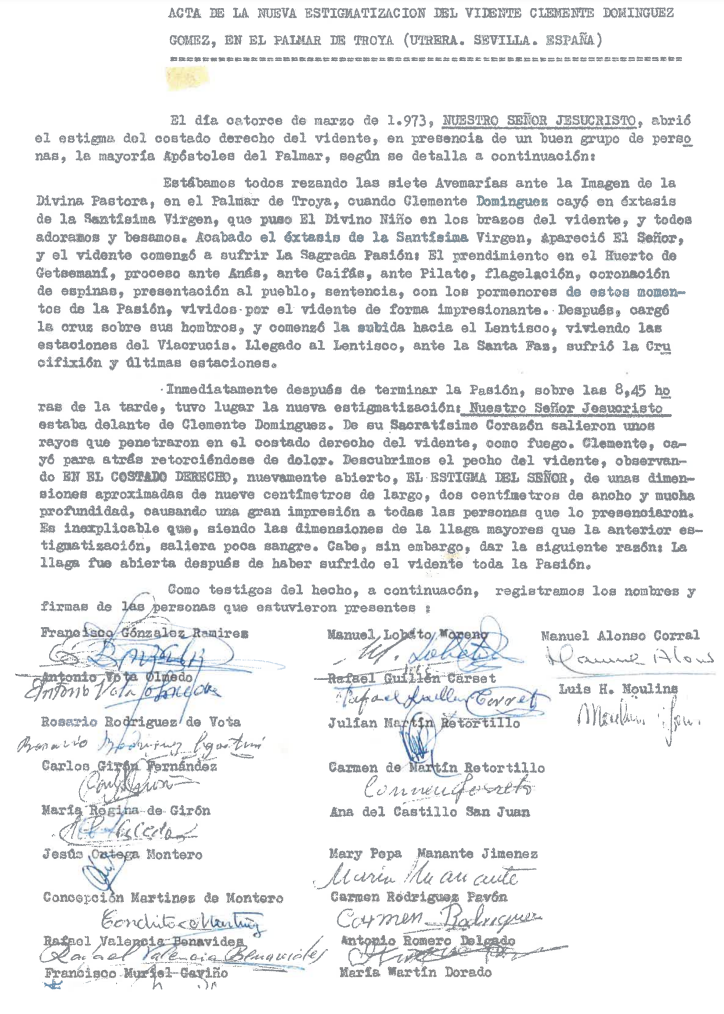 Acta de Estigmatización del 14 de Marzo 1973 del Papa San Gregorio XVII, firmada por Testigos